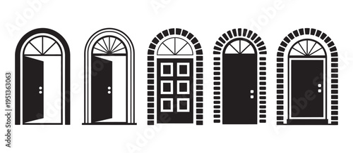 Arched doors icon set, open and closed house entryways, ornate details, brick frames, architectural vector illustrations