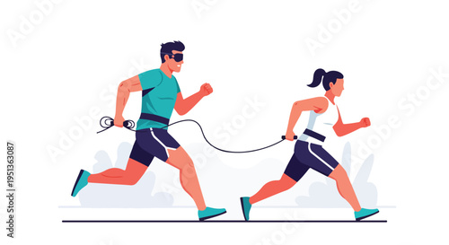Diverse pair running together, one wearing a blindfold and leash