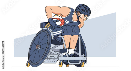 Athlete in wheelchair with ball, ready to play, determined expression