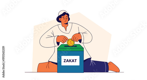 Person in traditional attire deposits coin into Zakat donation box
