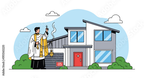A priest blessing a modern house for sale with incense and a cross