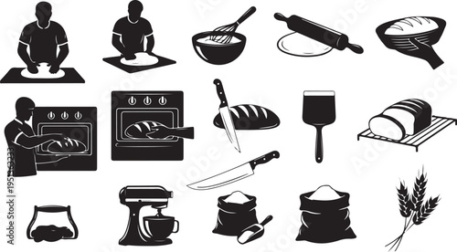 Baking and cooking icons and utensils in black silhouette