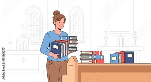 Woman with books inside a church, organizing library shelves