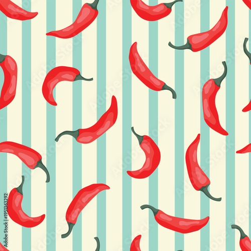 Seamless pattern with red chili pepper and blue lines on white background. Vector illustration.