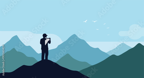 Silhouette of a person playing panpipes on a hilltop with mountains and birds