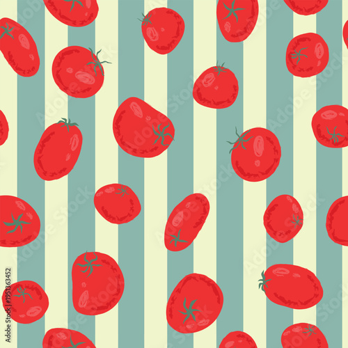 Hand drawn pattern with red tomatoes and turquoise lines. Vector illustration with vegetables, red cherries.