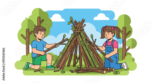 Children building a fort with logs in a park under a blue sky