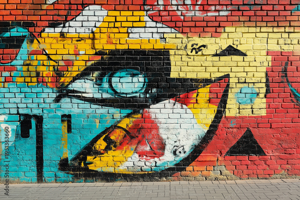 Obraz premium Art under ground Beautiful street art graffiti background. The brick wall is decorated with abstract drawings house paint. Modern style urban culture of street youth. Abstract picture on wall