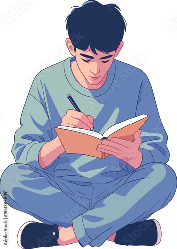 Illustrazione vettoriale di uno studente seduto o in piedi mentre studia e prende appunti. Concetto di apprendimento, concentrazione, educazione e studio, ideale per scuola, università e formazione.