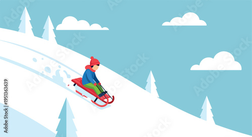 A person sledding down a snowy hill amidst pine trees and clouds