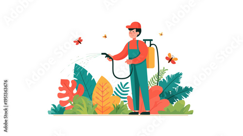 Gardener Spraying Plants with Backpack Sprayer in Lush Garden