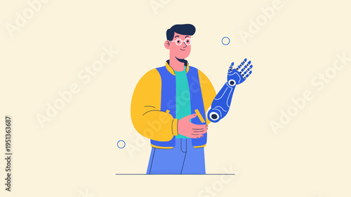 Man with Blue Bionic Arm in Flat Vector Design