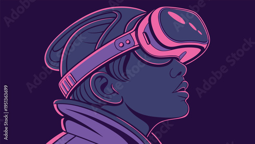 Virtual reality headset worn by a person in a futuristic vector illustration style featuring neon pink outlines and a synthwave color palette.