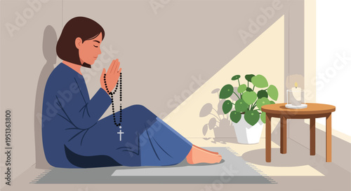 Woman in blue robe praying with rosary, sunlit room with plant and candle
