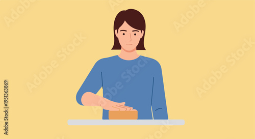 Person with hand on rectangular object on a flat surface