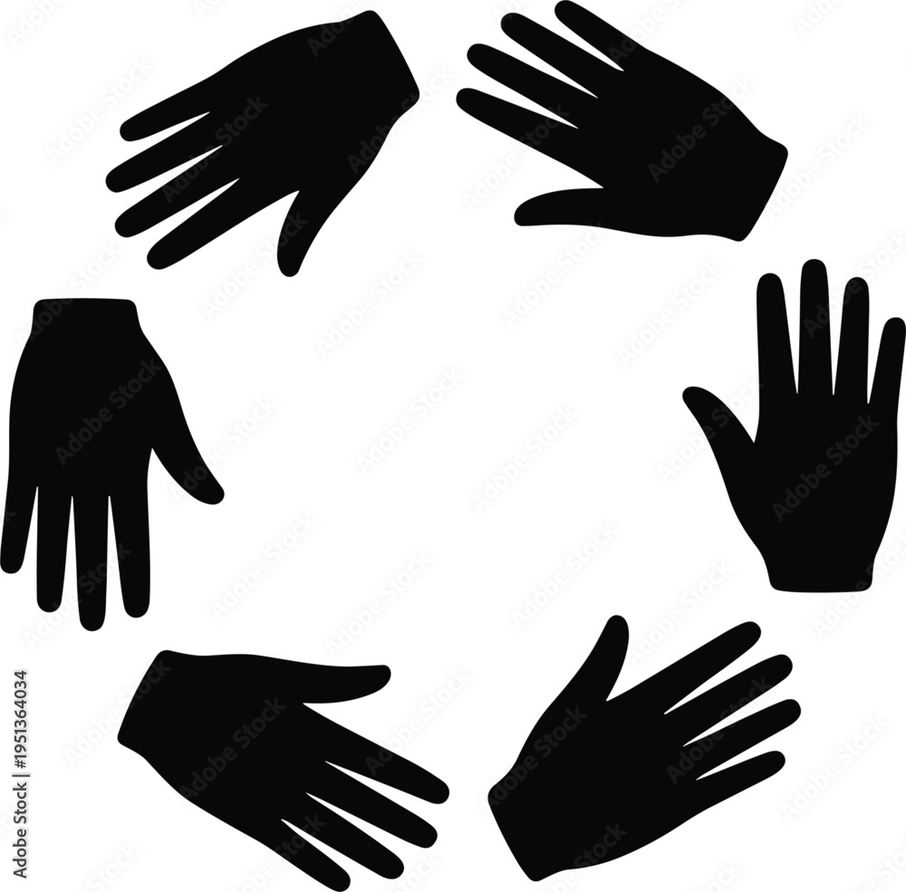 Obraz premium Circle of six black silhouette hands with open palms on a white background group unity
