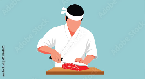 A chef in a white uniform and headband prepares a raw fish fillet on a cutting board