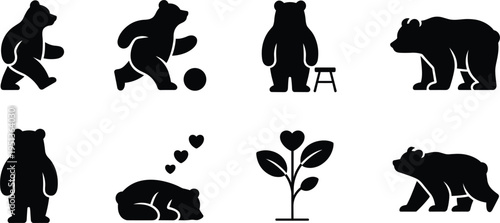 Collection of Black Bear Silhouettes in Various Poses and Activities on White grizzly brown bear