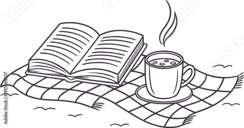 Open book and steaming coffee cup line art illustration resting on a checkered blanket for a cozy and relaxing outdoor picnic scene.