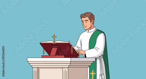 A male clergyman in white robes and a green stole reads from an open book on a lectern
