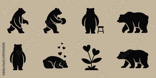 Collection of eight black silhouette bear icons in various poses and activities animal wildlife