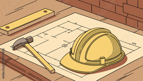 Vector illustration of construction tools and blueprint