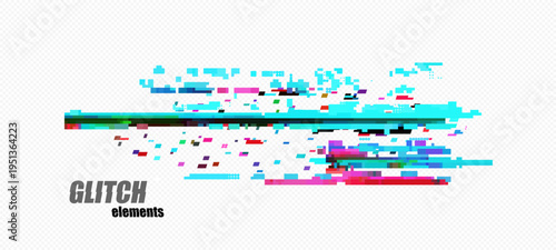 Dynamic glitch effect vector illustration. Modern, vibrant design featuring distorted pixel patterns and digital noise elements for eye-catching visuals in a vector format.