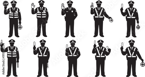 Set of security guards in various poses and uniforms