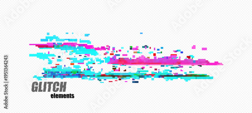 Abstract glitch vector with distorted pixel effect for digital technology background. Dynamic colorful broken data stream for modern design. Cyberpunk style vector elements for banners or posters.