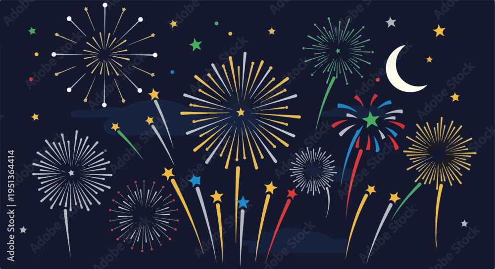 Naklejka premium Colorful fireworks burst across a dark night sky with a crescent moon