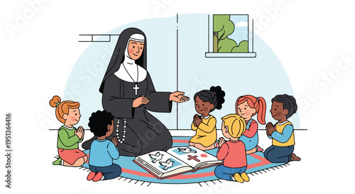 Nun teaches children about faith, gathered around an open book