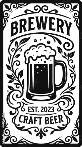 Vintage brewery craft beer label design, with an illustration of a mug of beer, and an eye-catching decorative border, perfect for any brewery establishment