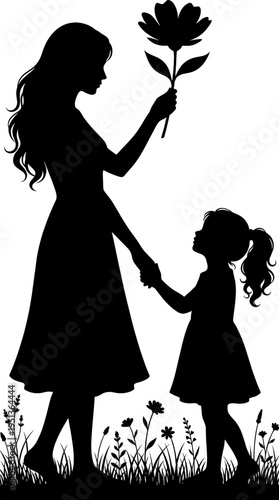 A silhouette of a mother and daughter sharing a flower while hand-in-hand