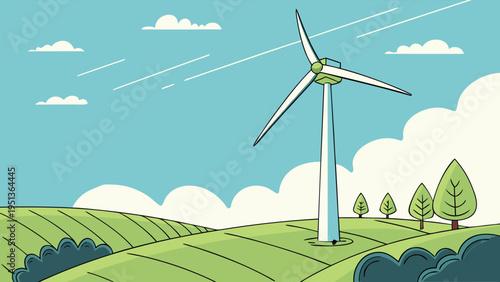 Wind turbine on green hills in a flat vector illustration style representing renewable energy, sustainability, and clean power for environmental conservation projects.