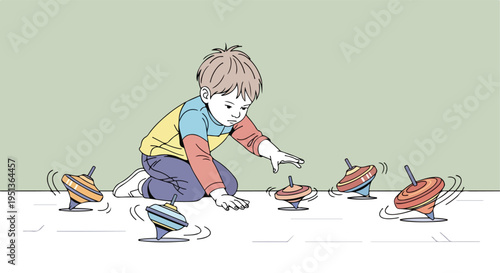 Child plays with spinning tops, creating a scene of childhood amusement and gentle motion
