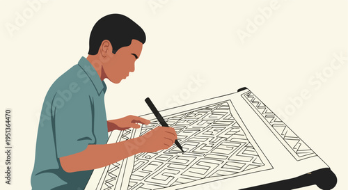 A young person diligently draws an intricate pattern on a large paper
