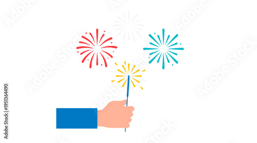 A celebratory image of a hand holding a sparkler, with fireworks exploding in the sky