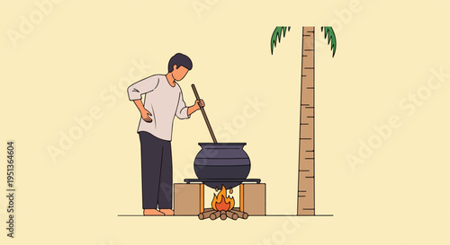 Person cooking in a large pot over an open fire next to a palm tree