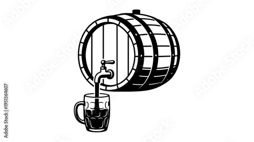 Beer barrel with tap pouring beer into a glass mug