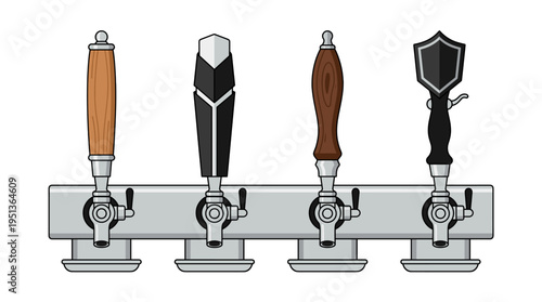 A set of four beer taps with different designs, ready to pour a cold, refreshing drink. The taps are in a row, with varied handle shapes and styles.