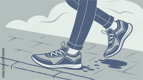Minimalist vector illustration of a person walking on a sidewalk wearing sneakers and trousers while stepping near a puddle in the city environment.