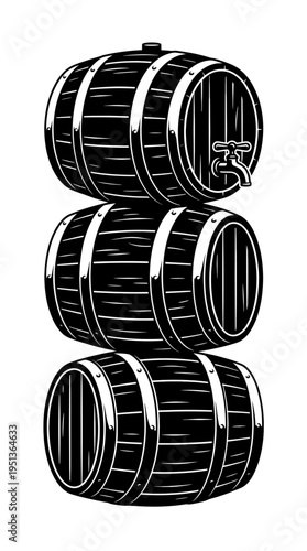 Three wooden barrels stacked vertically, hinting at the potential for beverages