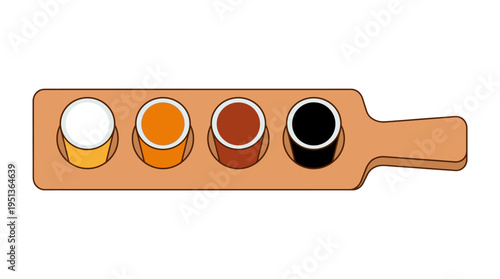 A flight of four beers with different colors displayed on a wooden paddle