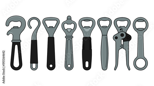 A Collection of Various Bottle Openers of diverse styles and designs. These tools come in varying designs and styles, suitable for opening bottles. 