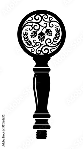 Black silhouette of a beer tap handle with decorative floral and hop elements, designed in a classic and stylized design