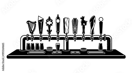 A collection of beer taps on a bar display, each with a unique handle design, ready to serve refreshing drinks