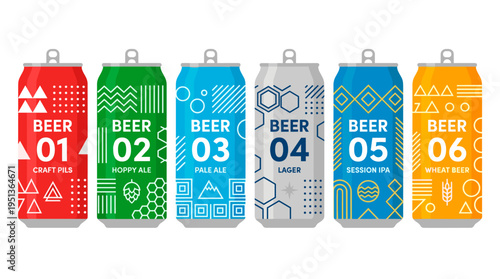 A colorful arrangement of six unique beer cans with distinct label designs, each labeled with a type of beer