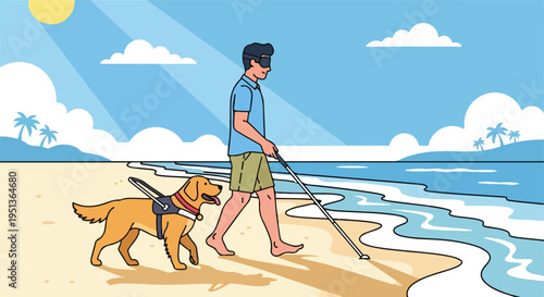 A visually impaired person walks on a beach with a guide dog and cane