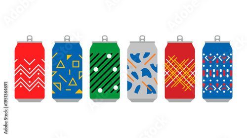Colorful patterned aluminum cans arranged in a row