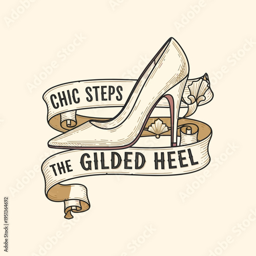Chic Steps High Heel Shoe Logo for The Gilded Heel Fashion Brand with Decorative Ribbon on a Light Background